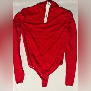 Victoria's Secret Pink Red Sexy Sheer Lace Deep Cut Lingerie Bodysuit Small New